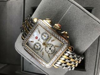 Authentic Michele Deco Chronograph Gold Steel Mother Of Pearl Diamond Watch 8