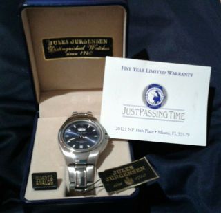 Jules Jurgensen Mens Day & Date Blue Watch Quartz Analog Steel 7641u