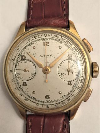 Mens Vintage Cyma Gold Plated Chronograph W/ Valjoux 22 Movement