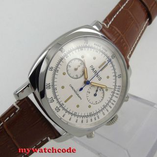 44mm Parnis White Dial Brown Leather Full Chronograph Quartz Mens Watch 613