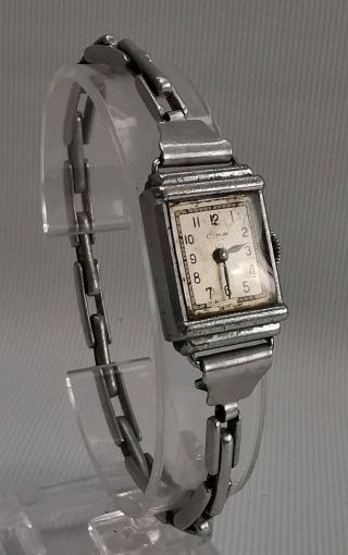 Vtg 1930s Cyma Art Deco Ladies Stainless Steel Wrist Watch Swiss Made 15 Jewels