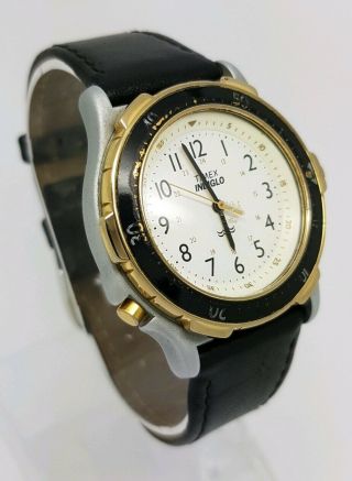Timex Indigo Mens Vintage Rotating Bezel Black Leather Strap Wristwatch A2
