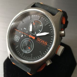 Mens Hugo Boss Designer Watch Multi - Functional Dial Black Orange Leather