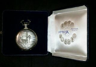 Arnex 17 Jewels Incabloc,  Swiss Made,  Silver Pocket Watch,  Orig.  Box,  Well.
