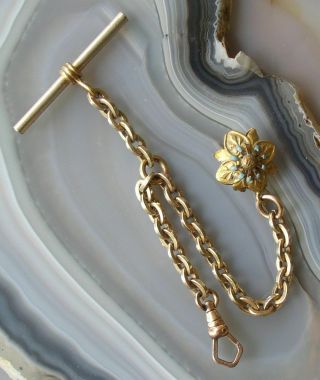 Antique Gold Filled Ladies Pocket Watch Chain,  Enamel Floral Fob,  Bigney