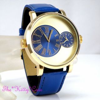 Designer Gold & Blue Leather Dual Time 2 Twin Zone Double Dial Big Sunray Watch
