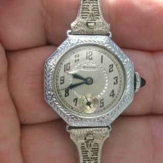Vintage Antique 1920s Art Deco Lady Bulova Watch White Gold Tone Filled Running
