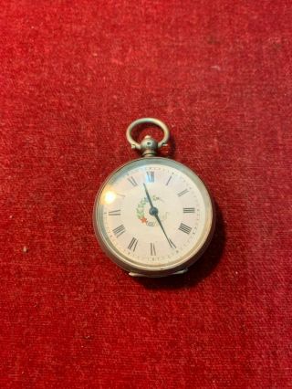 Antique Ladies Fob Pocket Watch.  800 Silver Case - Enamel Dial - Engraved Case