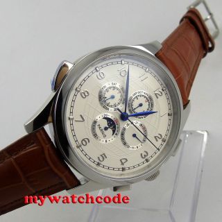 44mm Parnis White Dial Blue Marks Date Week Moon Phase Automatic Mens Watch 334b