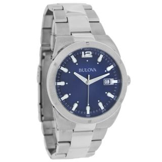 Bulova Mens Blue Date Dial Stainless Steel Bracelet Dress Quartz Watch 96b220