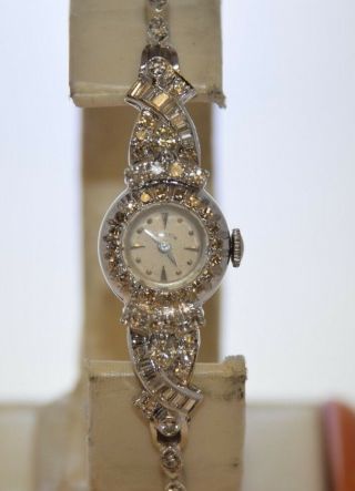 Vintage Hamilton Watch 14k White Gold W/ 1.  85 Ctw Round & Baguette Diamonds