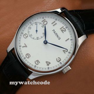 44mm Parnis White Dial Blue Hands Hand Winding 6497 Movement Mens Watch P28