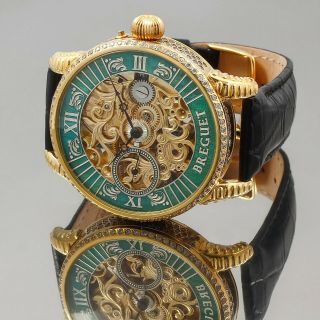 Breguet Movement Swiss Wrist Watch 48 Mm Silver Dial Hand Engraved Skeleton