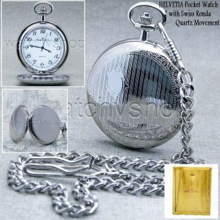 Helvetia Swiss Movement Silver Men Quartz Pocket Watch Wood Box Antique P360a
