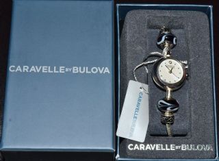 Caravelle Bulova Ladies Glass Bead & Swarovski Crystal Watch Silver/black 43l141