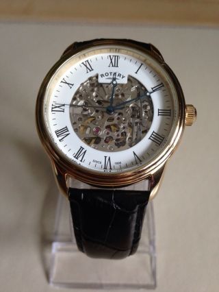 Rotary Mens Black Leather Strap Skeleton Watch.  Gs03036/01.