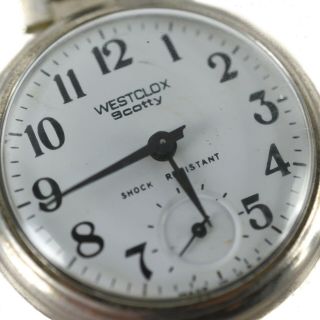 Westclox Scotty Pocket Watch Vintage White Silver Black Open - Face Wind - Up