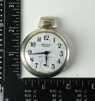 Westclox Scotty Pocket Watch Vintage White Silver Black Open - Face Wind - Up 2