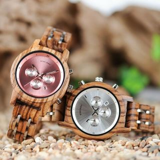 Echt Holz Uhr Frau Mann Bobo Bird Quartz Luxus Pink 40mm - Uhren Box Einzigartig