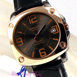 Omax Waterproof Stainless Steel Rose Gold Plate Unisex Leather Date Watch Kcy081