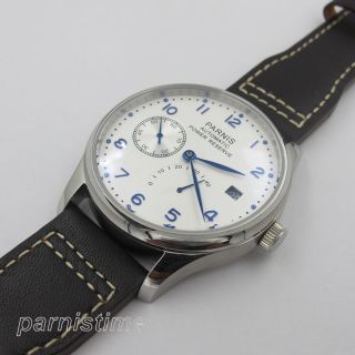 43mm Parnis Power Reserve Indicator Automatic Men Watch White Dial Leather Strap