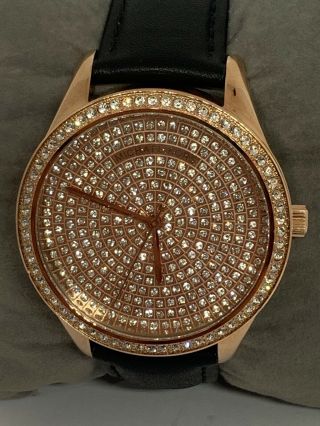 Michael Kors Mk2649 Women Black Leather Analog Gold Dial Quartz Wrist Watch E228