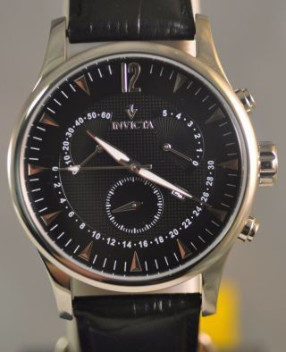 Mens Invicta 12235 Vintage Swiss Chronograph Black Dial Black Leather Watch