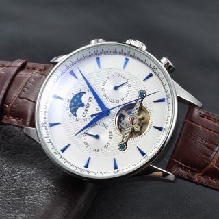 44mm Corgeut Glass Moon White Dial Blue Hands Date & Day Automatic Men Watch D13