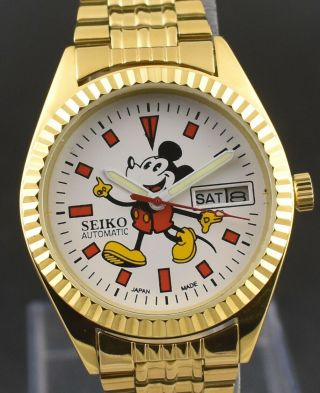 Vintage Seiko Automatic 23 Jewel Mickey Mouse Gold Plated Day Date Men Watch
