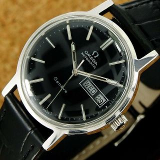 Authentic Omega Geneve Day Date Black Dial Stainless Steel Automatic Mens Watch