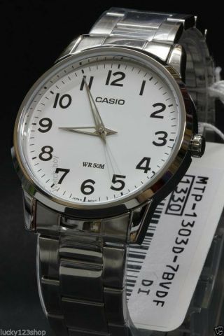 Mtp - 1303d - 7b White Number Dial Casio Stainless Steel Band Watches Men 