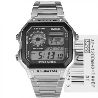 Casio Quartz Wr100m Digital World Time Watch Ae - 1200whd - 1av Ae - 1200whd - 1avdf