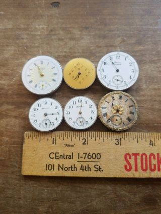 6 Vintage Pocket Watch Movements.  Molly Stark.  Elgin.  Hampden.  Parts/repair.