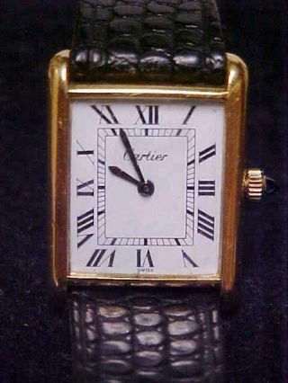 Gorgeous Auth Vintage Cartier 18k Gold Plated Tank Watch 30 Mm Wind Up