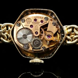 Rare Vintage Omega Octagonal Solid 14K Gold Lady ' s Diamond Bracelet Watch,  NR 8