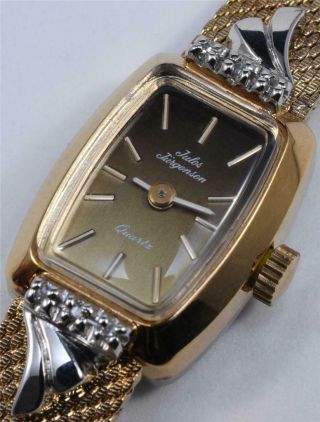 Nos 1970s Jules Jurgensen Ladies 6 Diamond Watch 10k Gold Filled Bracelet