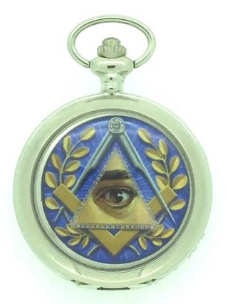 Boxx Silver All Seeing Eye Masonic Pocket Watch And Chain