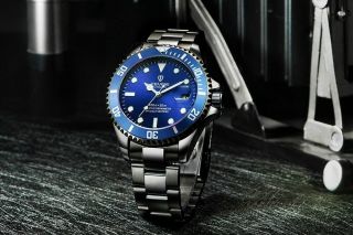 Tevise Mens Luxury Automatic Mechanical Submariner Wrist Watch Diver Blue Black