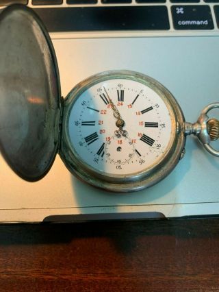 Antique Full Hunter Silver Cased Pocket Watch.  12 & 24 Hour Dial