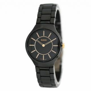 Nwt Ladies Rado True Thinline Jubile´ R27742702 Black Ceramic Diamond Watch
