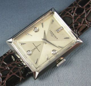 Vintage Longines Art Deco Solid 14K White Gold Diamond Dial 17J Mens Watch 1950s 6