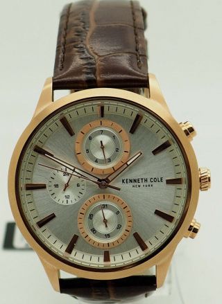 Mens Kenneth Cole Kc50003001 Chrono Steel Rose Gold Toned & Brown Leather Watch