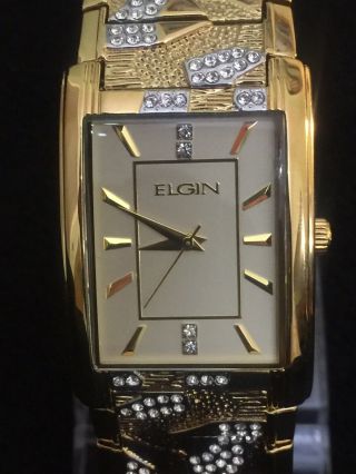 Elgin Mens Wrist Watch Rectangular Face,  Gold Tone With Crystal On Band