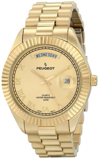 Peugeot 14k All Gold - Plated Day Date Roman Numeral Stainless Steel Watch - 1029g