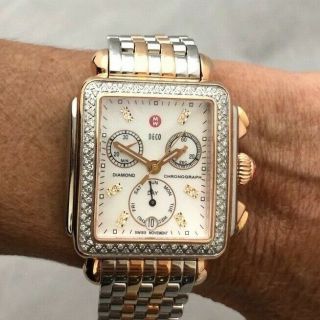 Bid Away Michele Deco Diamond Chrono Stainless & Rose Gold Mop Wristwatch