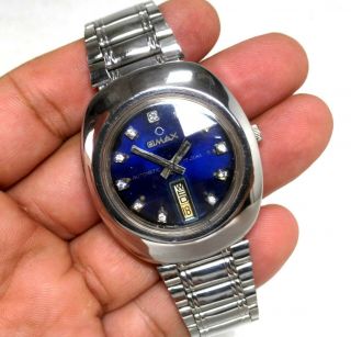 Omax Swiss Made Automatic Wind Day Date Blue Dial Mens Watch Rare Case Size 36mm