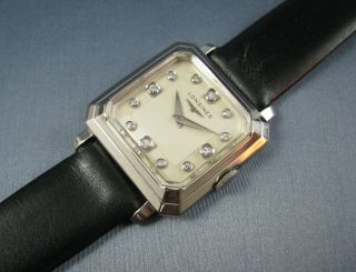Vintage Longines Art Deco Solid 14k White Gold Diamond Dial 23z Mens Watch 1950
