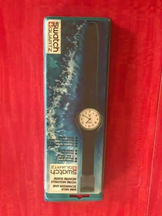 VINTAGE 1983 SWATCH WATCH IN PACKAGE WITH PAPERS BLACK BAND WHITE DIAL 11