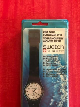 VINTAGE 1983 SWATCH WATCH IN PACKAGE WITH PAPERS BLACK BAND WHITE DIAL 12