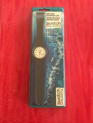 Vintage 1983 Swatch Watch In Package With Papers Black Band White Dial
